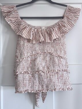 Anthropologie Smocked Off Shoulder Top Beige Ivory Stripe Size L NWT